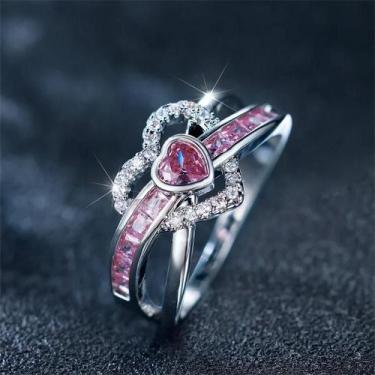 Imagem de Anel de Coração com Zircônia Rosa - Prata - Presente para Casamento e 