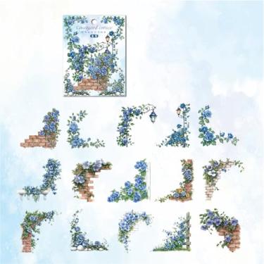 Imagem de MAFELOE 30 peças de adesivos de canto decorativos estéticos para scrapbook suprimentos para diário planejador de balas de lixo DIY artesanato arte colagem - flores de pátio série azul (BJT-Y4-YJ)