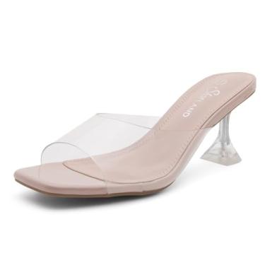 Imagem de Shoe Land Salto transparente para mulheres | Sapatilhas de salto gatinho com bico aberto quadrado | Sandálias transparentes baixas e transparentes para formaturas, festas e eventos formais, Clearnude