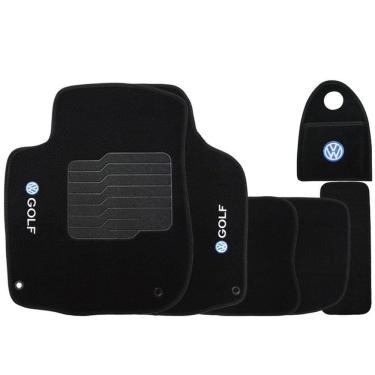 Imagem de Jogo Tapete Automotivo Carpete + Lixeira Vw Golf 2014 à 2018 Soft Logo Bordado Preto 6 Peças
