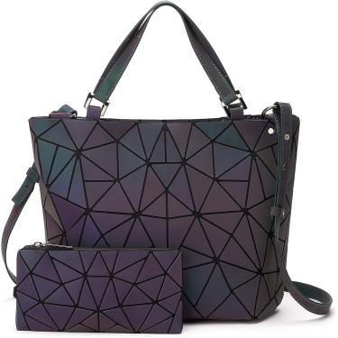 Imagem de Geométrica Geográfico Brilho Tote Bag Party Style Picks Big Preto Roxo Feminino