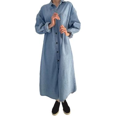 Imagem de Jaqueta Jeans Longa Clássica Feminina Plus Size Solta Manga Comprida Botão Para Baixo Jaqueta Jeans, X-blue, M