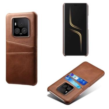 Imagem de Capas Compatível com Honor Magic 6 Pro,Caso de couro PU-Tampa de telefone a prova de choque com 2 slots de cartão,Proteção anti-impressão digital e anti-gota-Brown