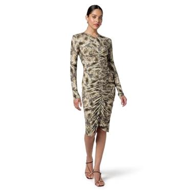 Imagem de Norma Kamali Vestido feminino de manga comprida e gola V franzido na frente até o joelho, Flores de outono, G