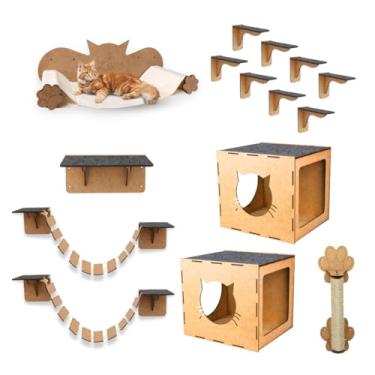 Imagem de BOXFAN Playground para Gatos 15 Peças Mdf Ponte Prateleira Degrau Casinha Nicho Rede Arranhador Diversão Ideal para Para Apartamentos Brinquedo Antiestresse