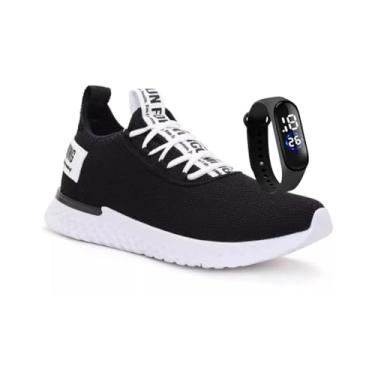 Imagem de Tênis Masculino Esportivo Para Academia de Caminhada Original Leve Confortável + Relogio (Preto/Branco, BR, Adulto, Numérico, P, 43)