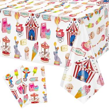 Imagem de Lemicin Pacote com 2 toalhas de mesa com tema de carnaval de circo, 137 x 272 cm, toalhas de mesa descartáveis de plástico à prova d'água, tema de circo, para festa de carnaval, feliz aniversário