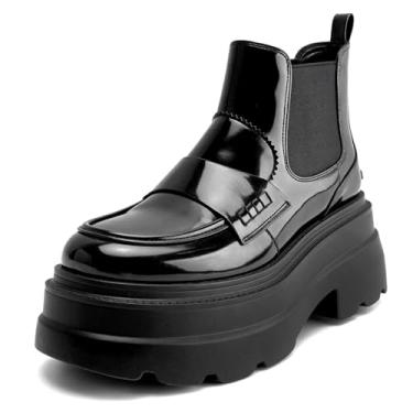 Imagem de KaroNairy Botas femininas Chelsea plataforma cano curto bico redondo salto grosso sola saliente botas curtas pretas, Preto, 39