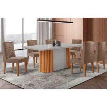 Imagem de Conjunto Sala de Jantar Pilar c/ Tampo Madeirado c/ Vidro Canto Curvo 180x90cm e 6 Cadeiras Dafne Madeira Maciça Naturale/Off White - Capuccino/Suede 