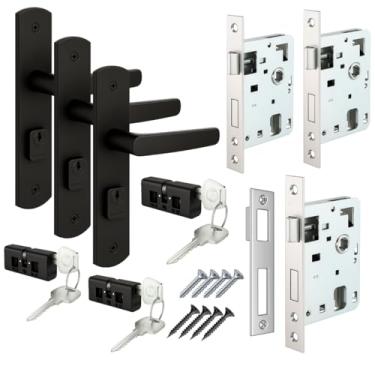 Imagem de Kit 3 Fechaduras Completas Soprano Ipanema Porta Madeira Entrada Externa Maçaneta Espelho Contra Testa Chaves Parafusos