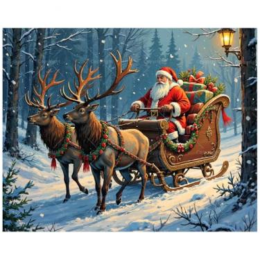 Imagem de Kit de pintura de Natal por números para adultos - Papai Noel DIY com trenó de rena no caminho da neve pintura em tela 40,6 x 50,8 cm, conjunto de tinta acrílica para iniciantes, arte de férias para