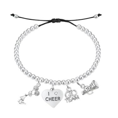 Imagem de Pulseira ajustável de aço inoxidável prata com pingentes de líder de torcida – I Cheer, Go Team & Megafone – Presente para líderes de torcida e times espirituais