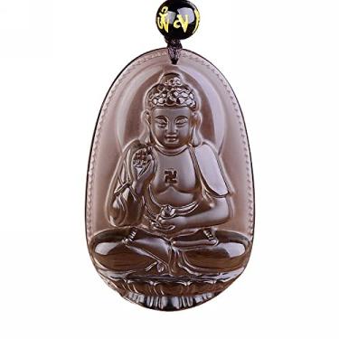 Imagem de HLbshi Colar 100% obsidiana de gelo natural Natal Buda Guan Yin bodhisattva amuleto da sorte corrente com pingente de contas, pedra preciosa, Obsidiana