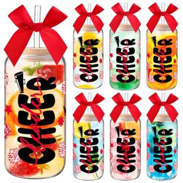 Imagem de LemonRoad 6 conjuntos de copos de vidro para líderes de torcida com laço garrafas de água de torcida de 473 ml, copo com tampas e canudos, garrafas de vidro reutilizáveis transparentes para equipes