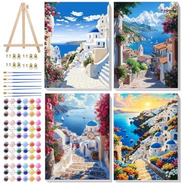 Imagem de Ycydilirab Pacote com 4 tintas emolduradas por números - Pintura de cenário à beira-mar por número adulto, pintura de paisagem por números tela emoldurada com cavalete de madeira para decoração de