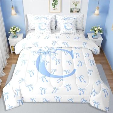Imagem de Erosebridal Conjunto de edredom solteiro princesa azul inicial C com 7 peças, kawaii, laço em aquarela, romântico, letra, laço com letra A, conjunto de cama estética