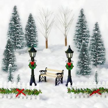 Imagem de Bbiamsleep 17 peças de acessórios de mini aldeia de Natal, árvores de Natal, árvores nevadas, cerca de madeira, luzes de rua, banco de parque em miniatura, cobertor de neve para decoração de Natal de