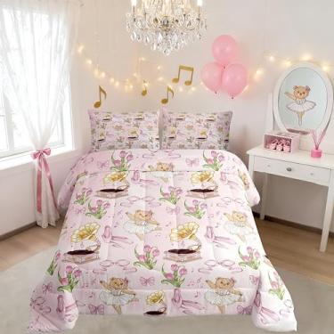 Imagem de Conjunto de edredom com laço rosa tamanho casal, sapato de balé, gravata borboleta, urso fofo, conjunto de cama infantil, nota musical, tulipa, edredom de princesa, 2 fronhas
