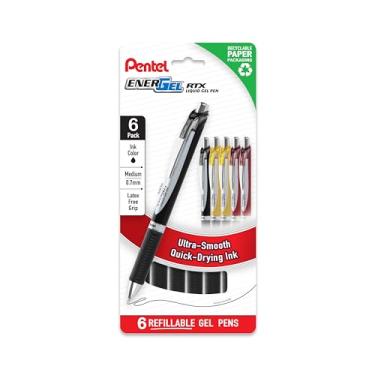 Imagem de Pentel Caneta de gel retrátil EnerGel RTX 0,7 mm, ponta média, tinta preta, aderência preta, 6 unidades