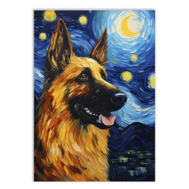 Imagem de Placa Decorativa Cachorro Cão Na Noite Estrelada De Van Gogh Pastor Alemão Decoração Poster Quarto Sala