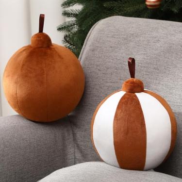 Imagem de Lineshading 2 peças de almofadas de bola de Natal redondas de 17,8 cm em formato de Natal 3D, decoração de bola fofa para sofá, cadeira, cama, sala de estar (marrom e branco)