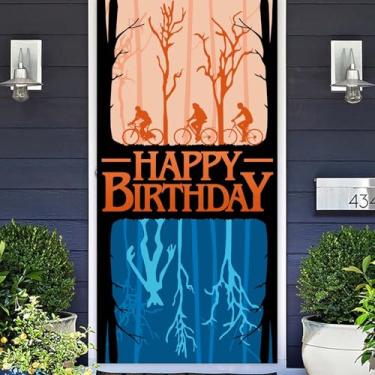 Imagem de Weird Things Happy Birthday Banner Backdrop Photo Booth Adereços Bandeira Fundo Estranho Misterioso Eleven Things Tema Decoração para Meninos Fãs de Filme 1º Aniversário Presentes Decorações