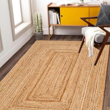 Imagem de RIANGI Tapete de juta tecido à mão - 9,5 x 1,5 m - Tapetes retangulares reversíveis bege rústico para quarto, cozinha, sala de estar - Decoração de piso de entrada trançada natural boho 3x5 tapete de