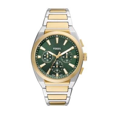Imagem de Fossil Relógio masculino Everett de quartzo de aço inoxidável com três ponteiros, Crono dourado/prata/verde, 44MM