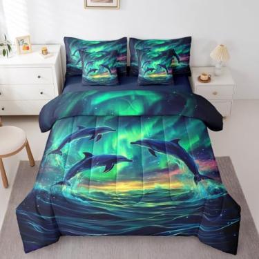 Imagem de Erosebridal Conjunto de cama casal de 7 peças com golfinho aurora, animais marinhos, animais marinhos, para crianças e adultos, conjunto de cama com tema de natureza aurora boreal com elástico +