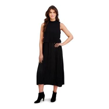 Imagem de London Times Vestido feminino midi sem mangas com gola redonda e saia plissada - Vestidos elegantes para convidados de casamento, Preto/preto, G