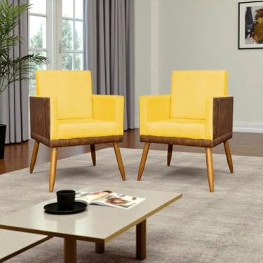 Imagem de Kit 2 Poltronas Decorativa Para Sala Manicure Consultório Recepção Cadeira Lis Corino Peroba e Suede Amarelo