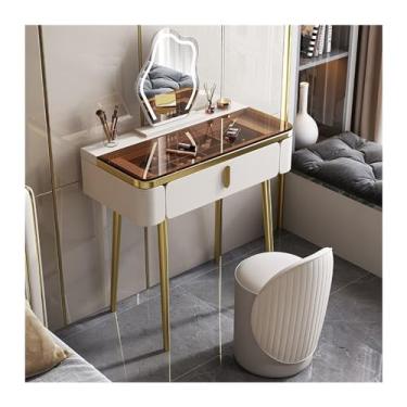 Imagem de Escrivaninha de penteadeira Vaidade de maquiagem com tampo vidro glam Mesa espelho e cadeira vaidade pernas mesa metal(Branco,Grande)