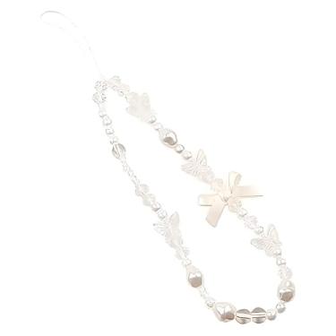 Imagem de Pulseira de telefone celular com pingente de borboleta com contas, cordão de flor fofo pérola para câmera, chaveiro, carteira, pingente, pulseira, chaveiro moderno