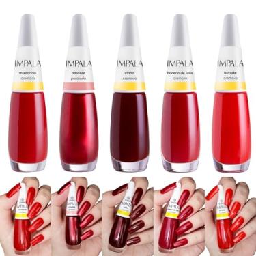 Imagem de Kit 6 Esmaltes Impala Tons de Vermelho Cremosos Perolados (5 Cores + Verniz)