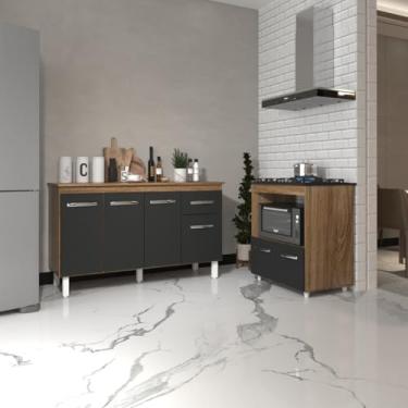 Imagem de Mobília Decor, Armário Gabinete Camila 138 cm com Tampo Tampão e Balcão Evelyn Para cooktop 5 Bocas Savana com Preto