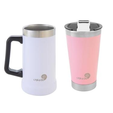 Imagem de Kit Breja com Caneca Térmica de Inox 500ml e Copo Inox com Tampa – Ideal para Cerveja, Bebidas Geladas e Presentes (Branco + Rosa)