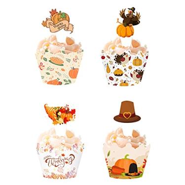 Imagem de Kit de 48 peças de enfeite de cupcake de ação de graças para decoração de bolo de outono de abóbora para decoração de bolo de outono no dia da colheita (4 estilos)