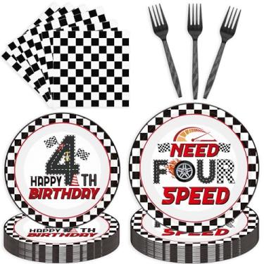Imagem de EoBeCy 96 Pcs Need Four Speed Birthday Decorations, Race Car Plates Napkins Forks for 24 Guests, 4th Birthday Tableware Set Party Supplies for Boys