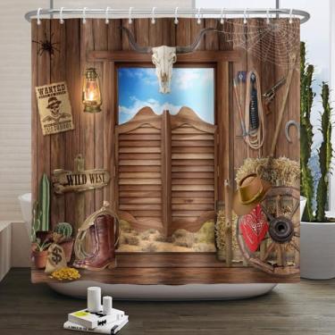 Imagem de ZJRBJB Cortina de chuveiro caubói ocidental com desenho infantil Wild West Farm House Conjunto de cortina de chuveiro com bainha pesada para banheiro rústico celeiro country cortina de banheiro