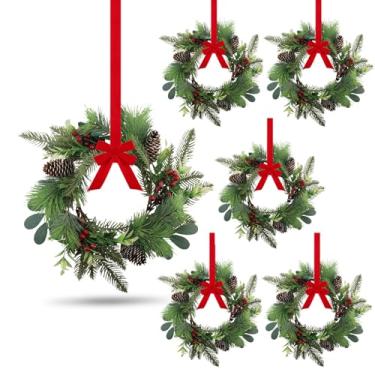 Imagem de 6 mini guirlandas de Natal para cozinha, com fita, guirlanda artificial de cedro de eucalipto com frutas vermelhas e pinhas para decoração de inverno