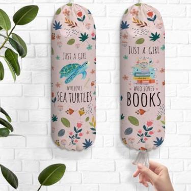Imagem de 2 peças de porta-sacolas plásticas de tartaruga de livro floral rosa para sacolas de compras, suporte de parede reutilizável, suporte organizador para armário de cozinha, presente de tartaruga para