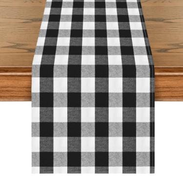 Imagem de Caminho de mesa xadrez búfalo preto e branco, decoração de mesa de cozinha estilo casa de fazenda, férias, festa de casamento, jantar, decoração de aniversário, 33 x 182 cm