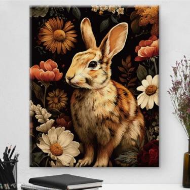 Imagem de Arte de parede botânica de coelho vintage emoldurado - Decoração de parede com flores escuras Academia para quarto, sala de estar, casa, 20,3 x 25,4 cm