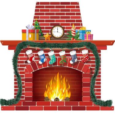 Imagem de Pano de fundo de lareira de Natal de 117 x 109 cm com agulhas de pinheiro artificial de 5,5 m, guirlanda grande de tijolos vermelhos, quadro de avisos, quadro de avisos, para decoração de parede de