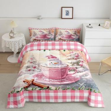 Imagem de Conjunto de cama de Natal rosa, tamanho casal, fofo, boneco de neve, pinheiro, xícara de café, reversível, respirável, conjunto de edredom de poliéster, adorável quadriculado, folhas de inverno, 2