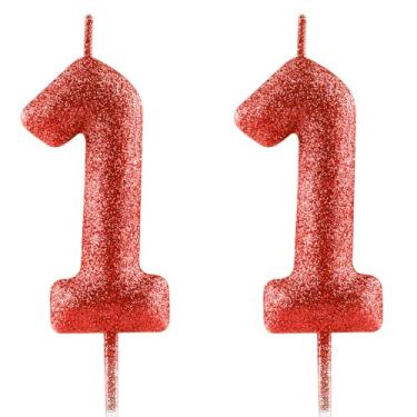 Imagem de FUNCANDLE Velas de aniversário vermelhas com glitter de 6 cm, vela número 11, velas de feliz aniversário de 11 anos para decoração de festa de aniversário de meninas e meninos