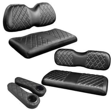 Imagem de NOKINS 4 peças de capas de assento de diamante dianteiras e traseiras para carrinho de golfe P e apoio de braço traseiro para carrinho de golfe com kit de suporte de copo (serve para tubo quadrado de