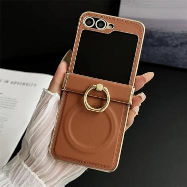 Imagem de Capa magnética com suporte de anel de couro para Galaxy Z Flip7 Flip 7 6 5 4 3, capa de proteção com dobradiça para Samsung Zflip7FE, marrom, para Galaxy Z Flip5