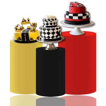 Imagem de MvoVitality Conjunto de capa de pedestal cilíndrica preta, amarela e vermelha – 3 tamanhos de decorações vibrantes de festa para tema de carnaval, aniversário, chá de bebê, exibição de mesa de