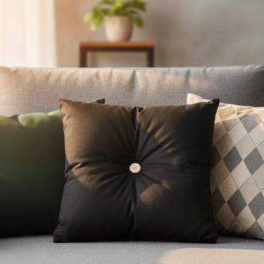 Imagem de Almofada Decorativa de Luxo para Sofá, 45x45cm, Enchimento Incluso, Diversos Tons, Botão Central, para Sala e Quarto (Preto)